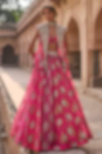 Fuchsia Net & Organza Printed Jacket Wedding Lehenga Set by Bhumika Sharma at Pernia's Pop Up Shop