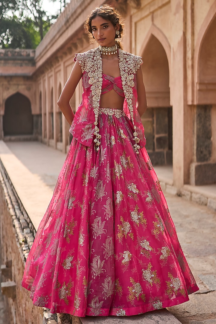 Fuchsia Net & Organza Printed Jacket Wedding Lehenga Set by Bhumika Sharma at Pernia's Pop Up Shop