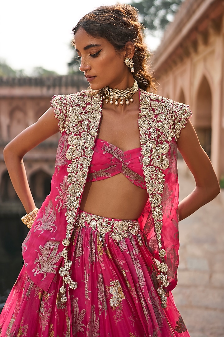 Fuchsia Net & Organza Printed Jacket Wedding Lehenga Set by Bhumika Sharma at Pernia's Pop Up Shop