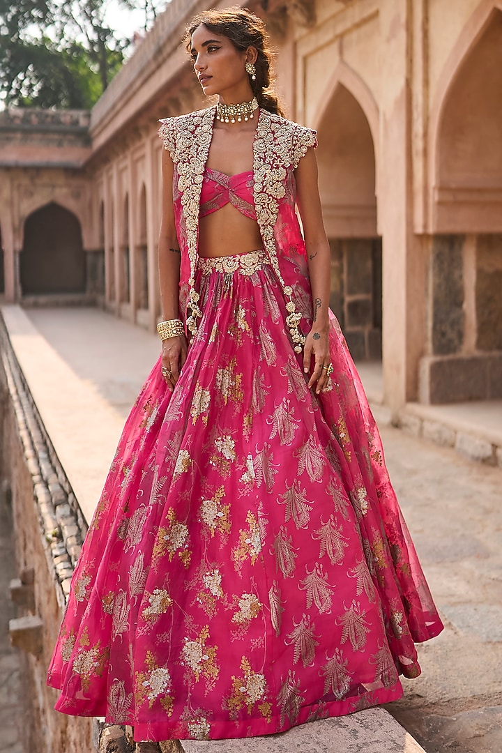 Fuchsia Net & Organza Printed Jacket Wedding Lehenga Set by Bhumika Sharma at Pernia's Pop Up Shop
