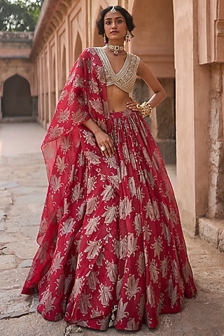 Red Organza & Net Printed Lehenga Set by Bhumika Sharma