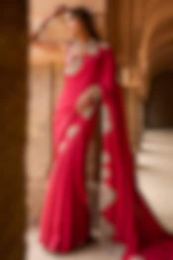 Red Organza Satin Silk Reception Saree Set by Bhumika Sharma at Pernia's Pop Up Shop
