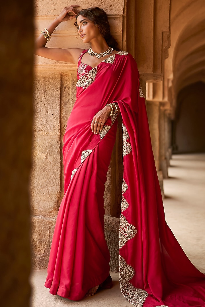 Red Organza Satin Silk Reception Saree Set by Bhumika Sharma at Pernia's Pop Up Shop