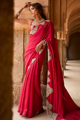Red Organza Satin Silk Saree Set by Bhumika Sharma