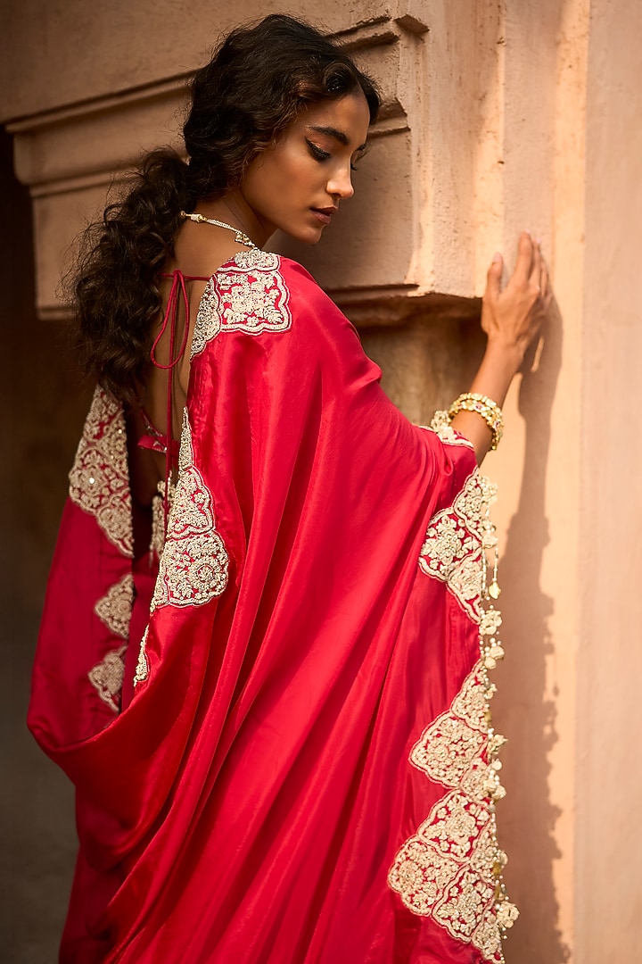 Red Organza Satin Silk Reception Saree Set by Bhumika Sharma at Pernia's Pop Up Shop