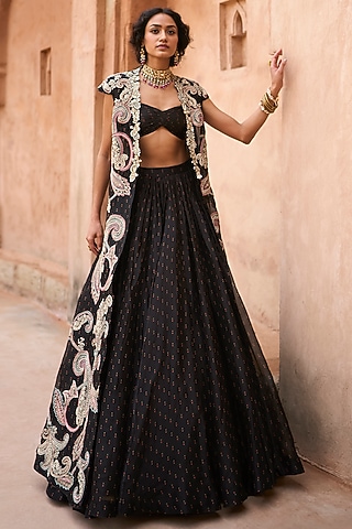 Black Organza Ambi Embroidered Jacket Set by Bhumika Sharma