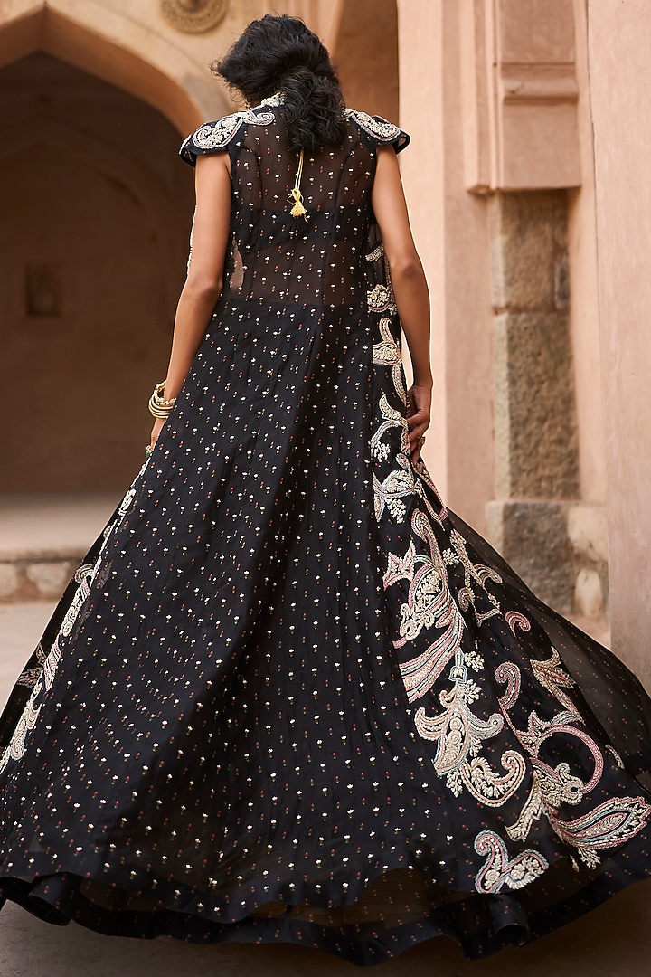Black Organza Ambi Embroidered Jacket Set by Bhumika Sharma at Pernia's Pop Up Shop