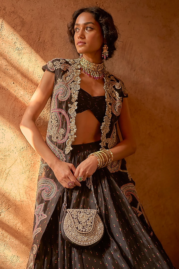 Black Organza Ambi Embroidered Jacket Set by Bhumika Sharma at Pernia's Pop Up Shop