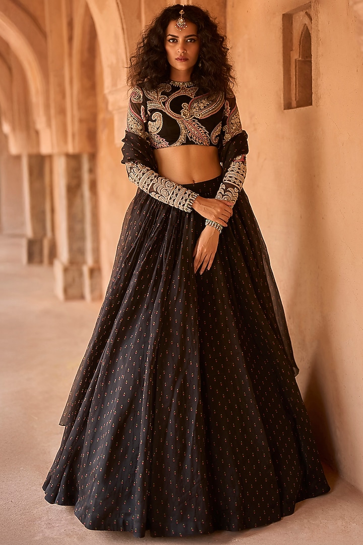Black Organza Floral Printed Bridal Lehenga Set by Bhumika Sharma at Pernia's Pop Up Shop