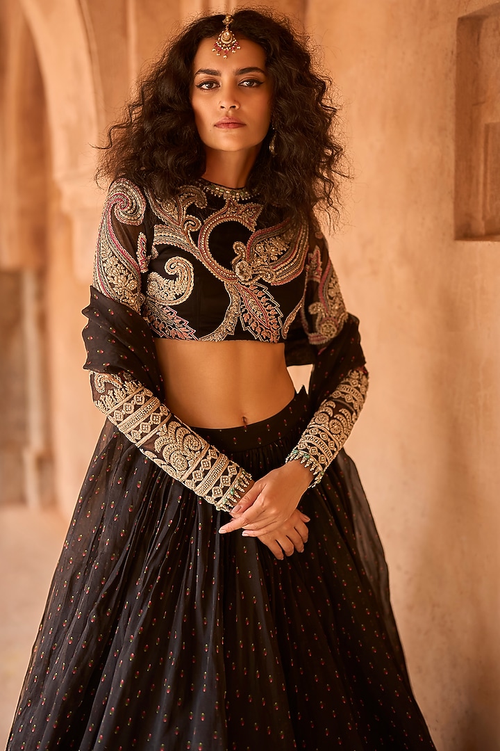 Black Organza Floral Printed Bridal Lehenga Set by Bhumika Sharma at Pernia's Pop Up Shop