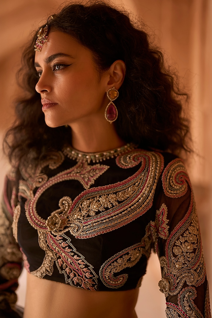 Black Organza Floral Printed Bridal Lehenga Set by Bhumika Sharma at Pernia's Pop Up Shop