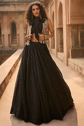 Black Organza & Net Floral Printed Skirt Set by Bhumika Sharma