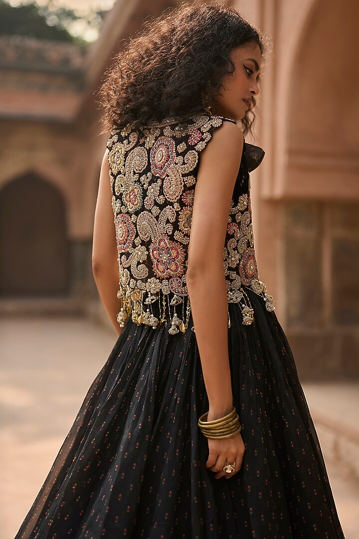 Black Organza & Net Floral Printed Skirt Set by Bhumika Sharma at Pernia's Pop Up Shop