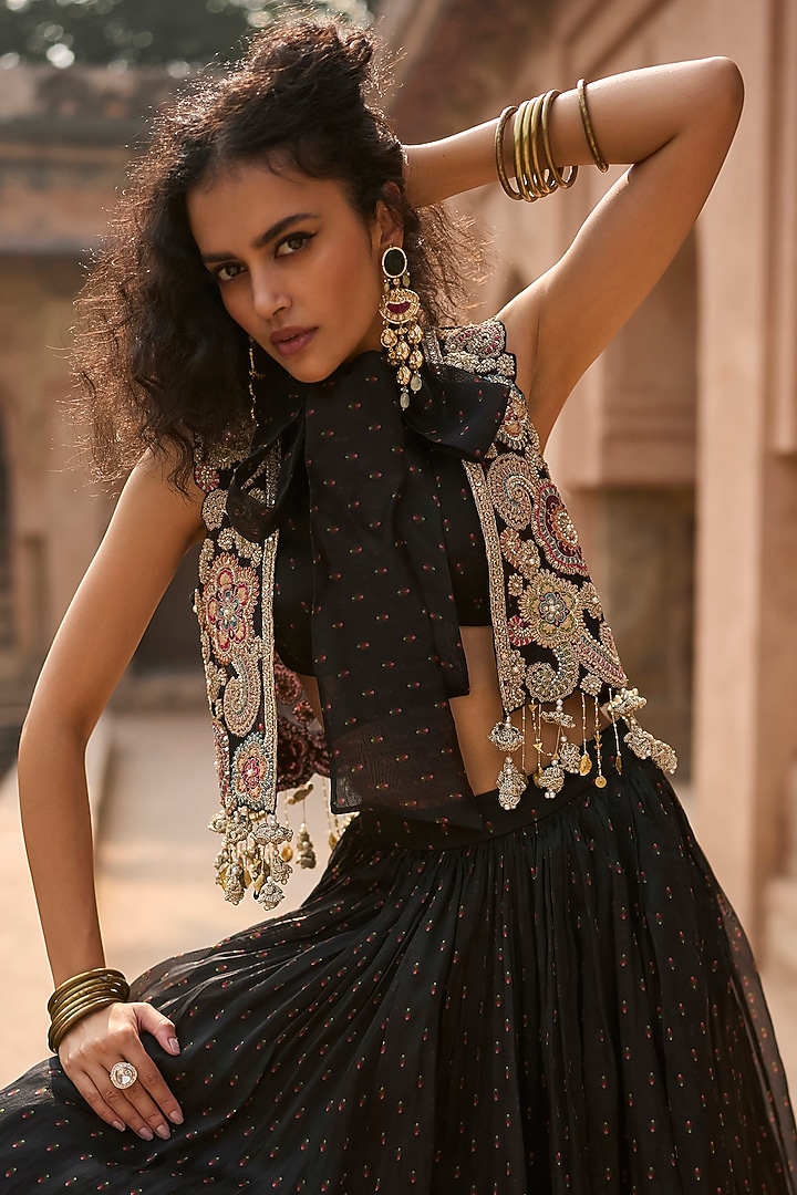 Black Organza & Net Floral Printed Skirt Set by Bhumika Sharma at Pernia's Pop Up Shop