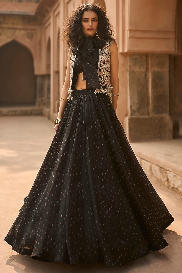 Black Organza & Net Floral Printed Skirt Set by Bhumika Sharma at Pernia's Pop Up Shop