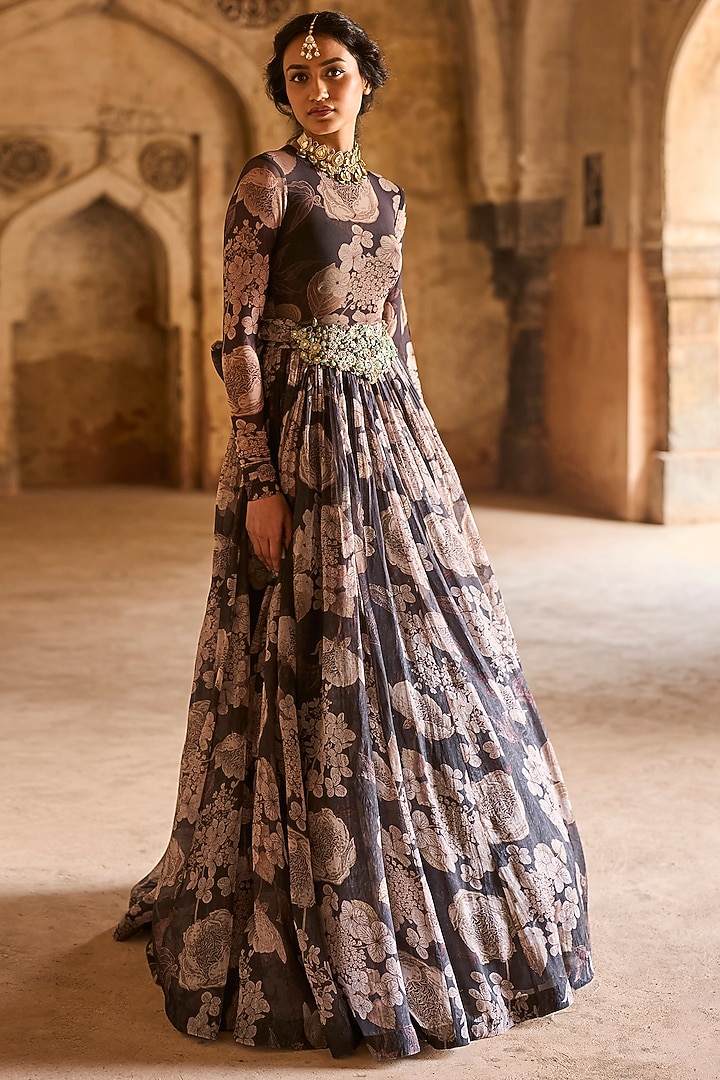 Black Organza Floral Printed Bridal Anarkali by Bhumika Sharma at Pernia's Pop Up Shop