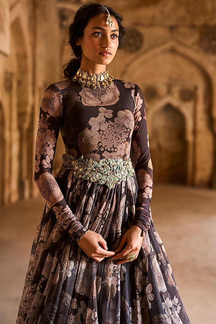 Black Organza Floral Printed Bridal Anarkali by Bhumika Sharma at Pernia's Pop Up Shop