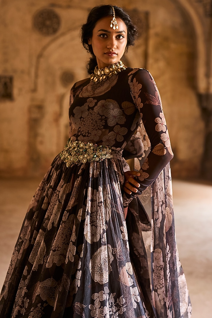 Black Organza Floral Printed Bridal Anarkali by Bhumika Sharma at Pernia's Pop Up Shop