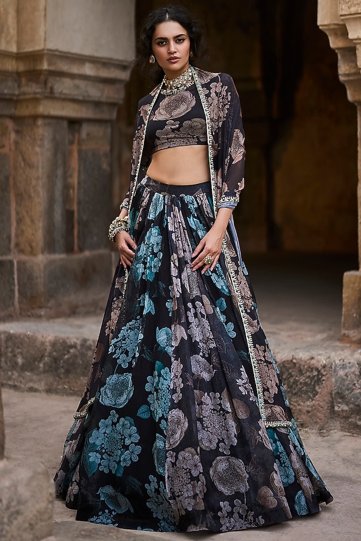 Black Organza Floral Printed Skirt Set by Bhumika Sharma at Pernia's Pop Up Shop