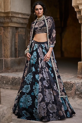 Black Organza Floral Printed Skirt Set by Bhumika Sharma