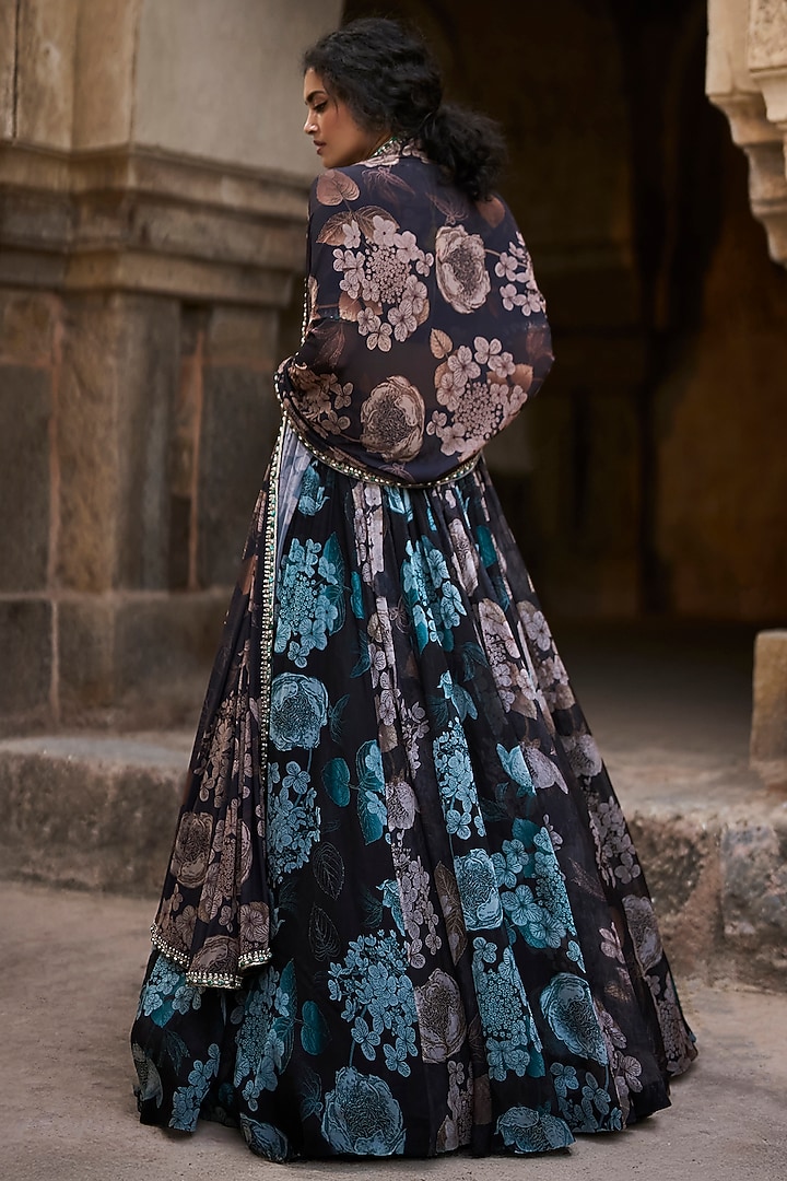 Black Organza Floral Printed Skirt Set by Bhumika Sharma at Pernia's Pop Up Shop
