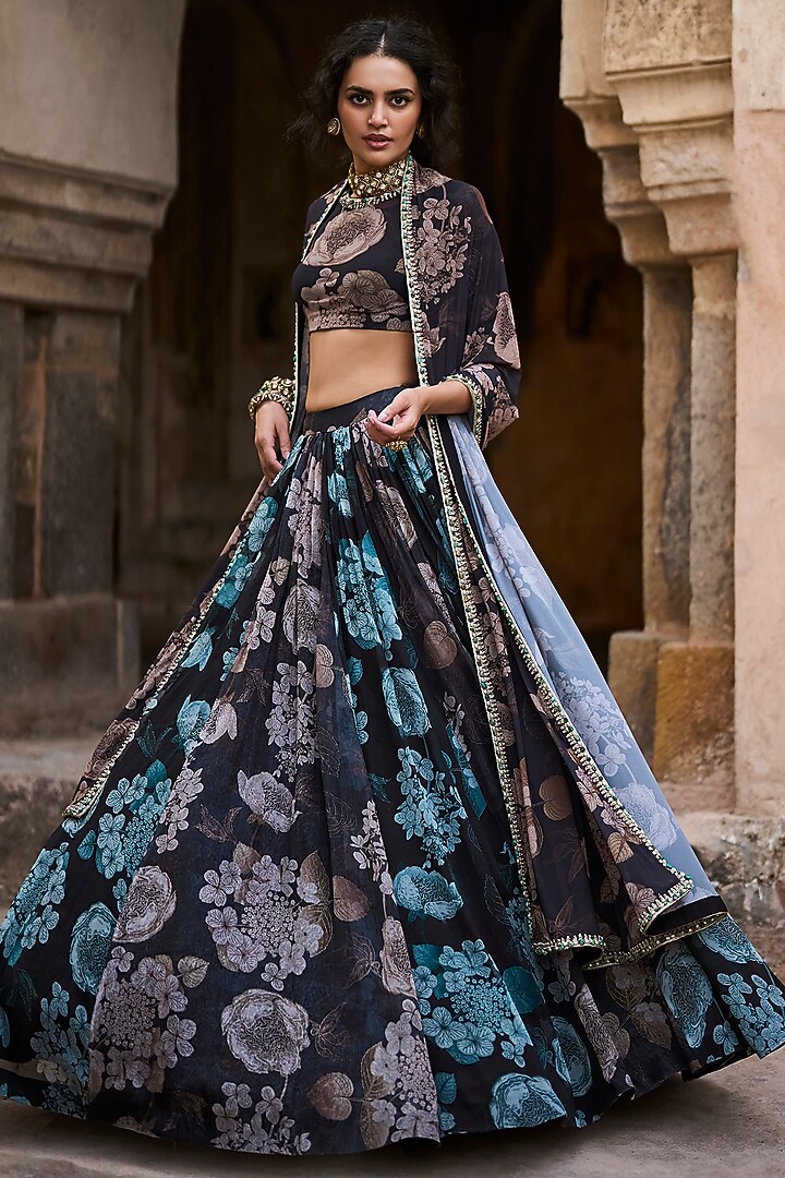 Black Organza Floral Printed Skirt Set by Bhumika Sharma at Pernia's Pop Up Shop