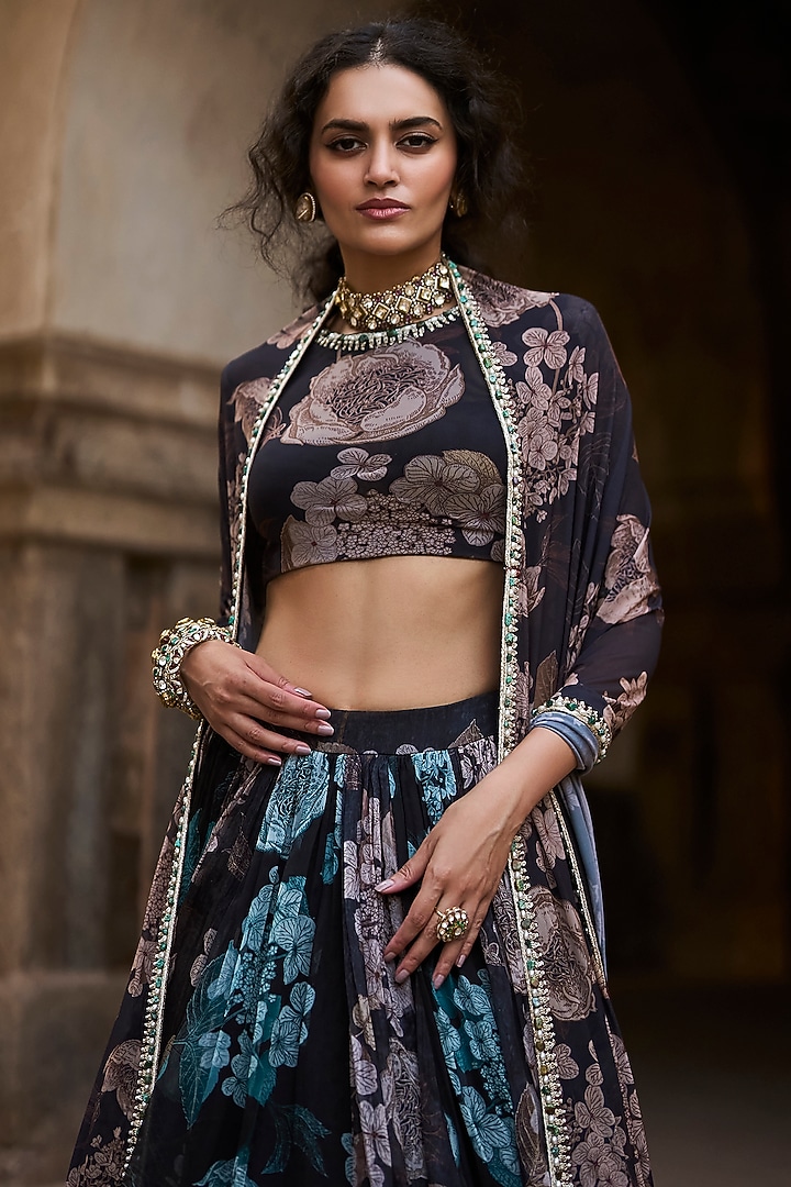 Black Organza Floral Printed Skirt Set by Bhumika Sharma at Pernia's Pop Up Shop