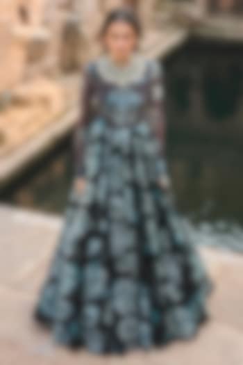 Black & Blue Organza Printed Bridal Anarkali by Bhumika Sharma at Pernia's Pop Up Shop