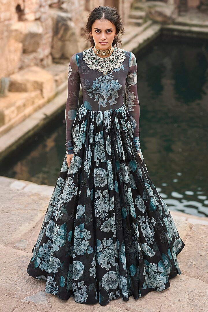 Black & Blue Organza Printed Bridal Anarkali by Bhumika Sharma at Pernia's Pop Up Shop