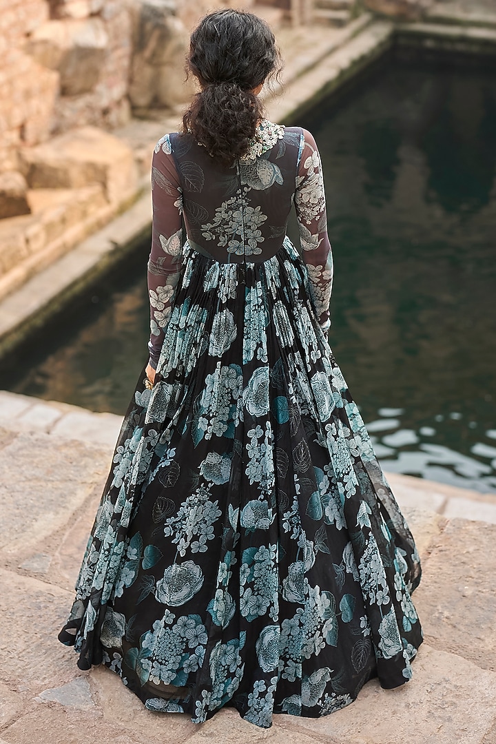 Black & Blue Organza Printed Bridal Anarkali by Bhumika Sharma at Pernia's Pop Up Shop