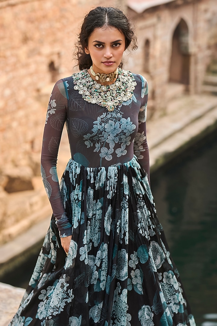Black & Blue Organza Printed Bridal Anarkali by Bhumika Sharma at Pernia's Pop Up Shop