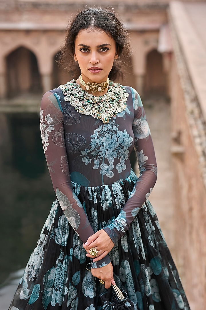 Black & Blue Organza Printed Bridal Anarkali by Bhumika Sharma at Pernia's Pop Up Shop
