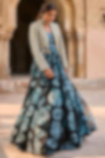 Black & Blue Organza Printed Bridal Anarkali With Jacket by Bhumika Sharma at Pernia's Pop Up Shop