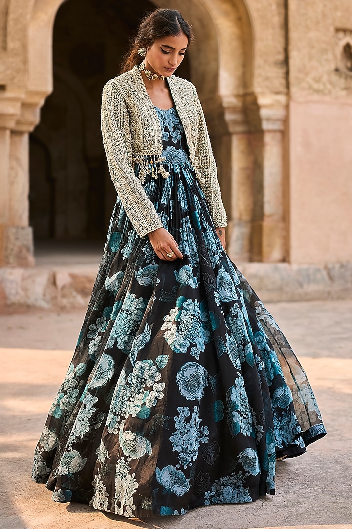 Black & Blue Organza Printed Bridal Anarkali With Jacket by Bhumika Sharma at Pernia's Pop Up Shop