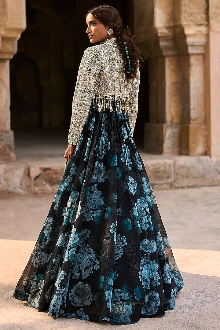 Black & Blue Organza Printed Bridal Anarkali With Jacket by Bhumika Sharma at Pernia's Pop Up Shop