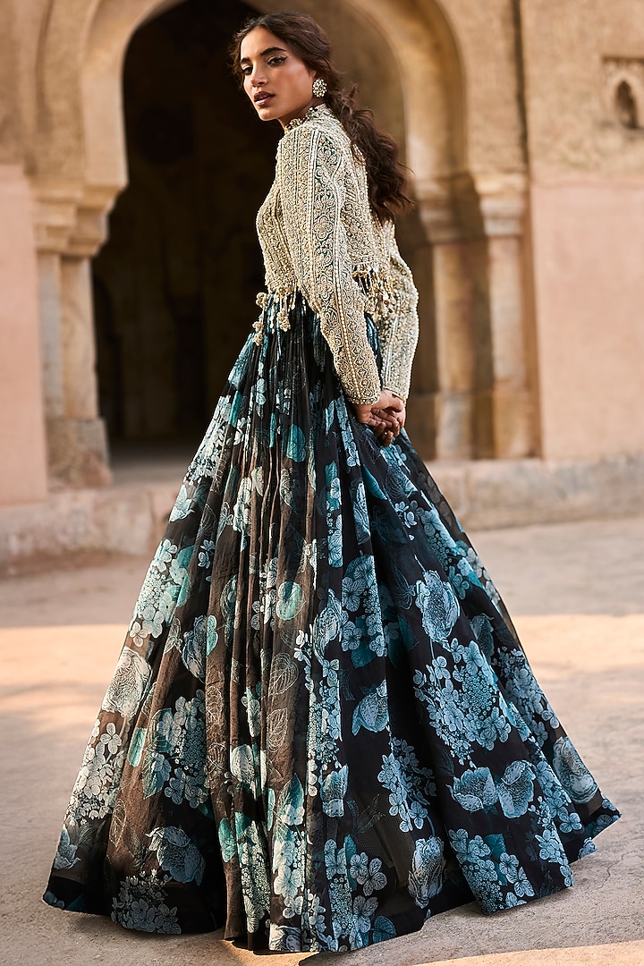 Black & Blue Organza Printed Bridal Anarkali With Jacket by Bhumika Sharma at Pernia's Pop Up Shop