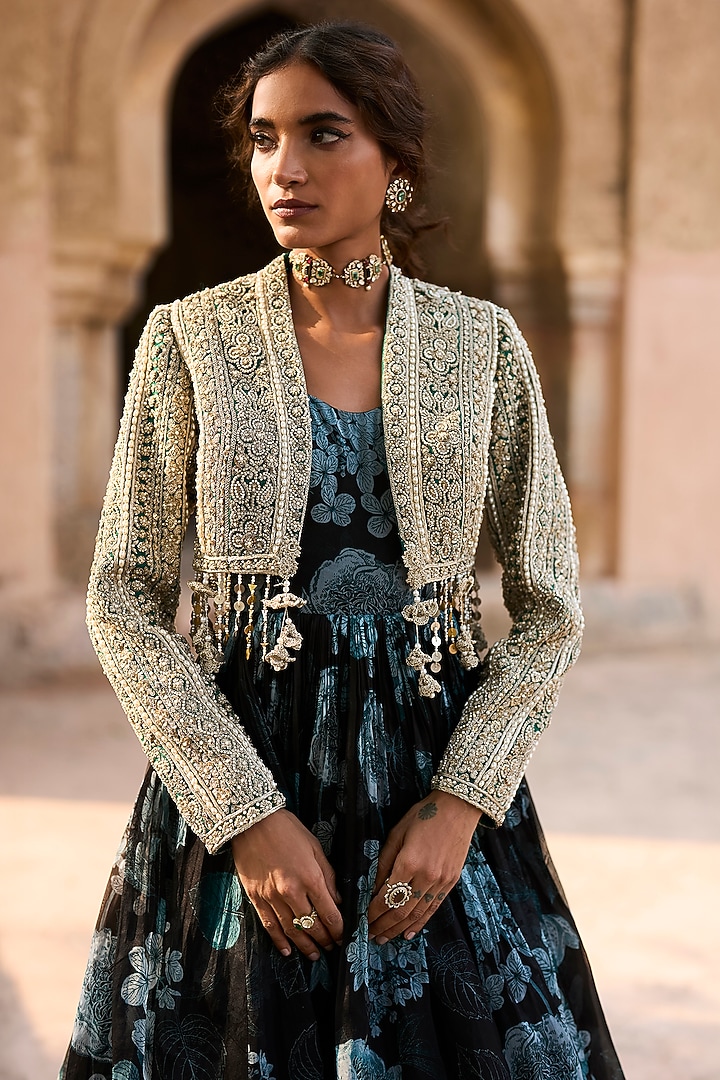 Black & Blue Organza Printed Bridal Anarkali With Jacket by Bhumika Sharma at Pernia's Pop Up Shop