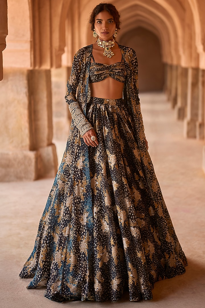 Black Organza Floral Printed Skirt Set by Bhumika Sharma at Pernia's Pop Up Shop