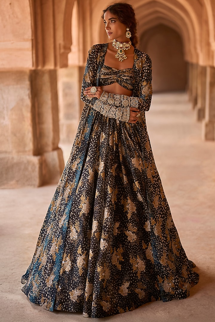 Black Organza Floral Printed Skirt Set by Bhumika Sharma at Pernia's Pop Up Shop
