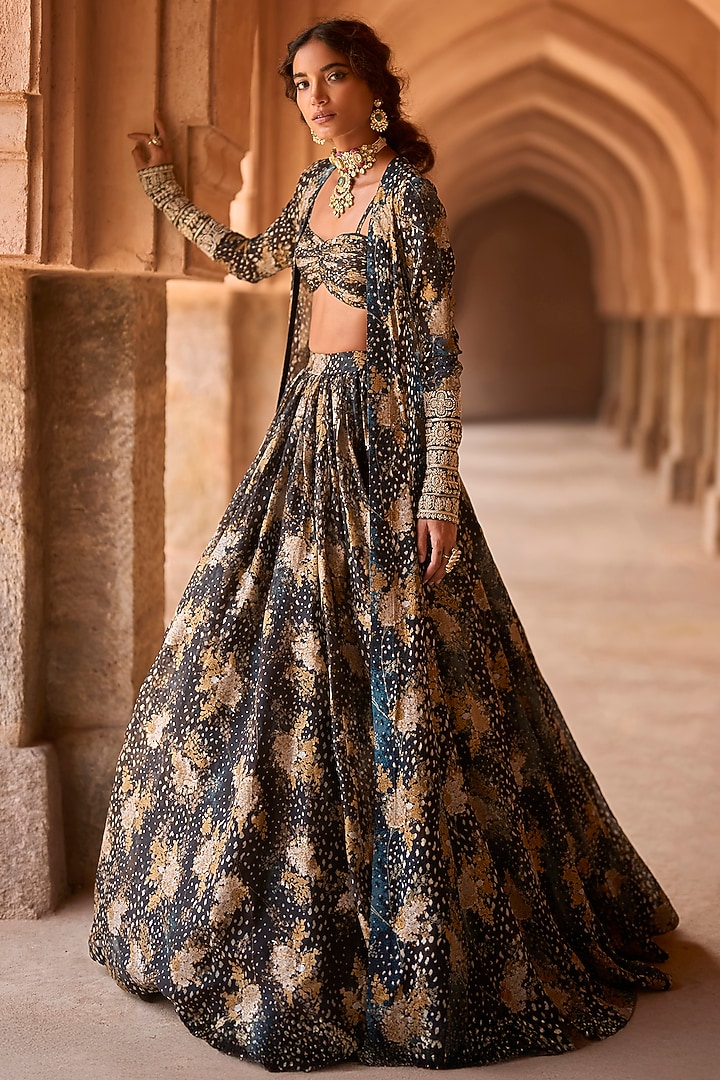 Black Organza Floral Printed Skirt Set by Bhumika Sharma at Pernia's Pop Up Shop