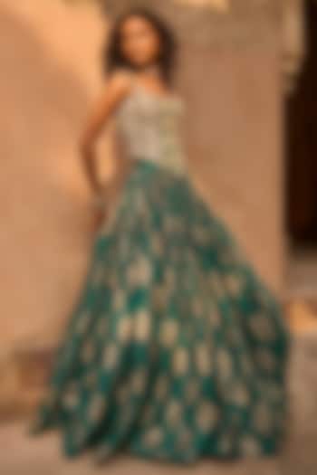 Teal Green Organza Floral Printed Skirt Set by Bhumika Sharma at Pernia's Pop Up Shop