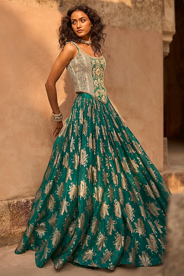 Teal Green Organza Floral Printed Skirt Set by Bhumika Sharma at Pernia's Pop Up Shop
