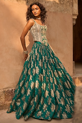 Teal Green Organza Floral Printed Skirt Set by Bhumika Sharma