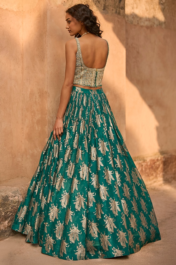Teal Green Organza Floral Printed Skirt Set by Bhumika Sharma at Pernia's Pop Up Shop