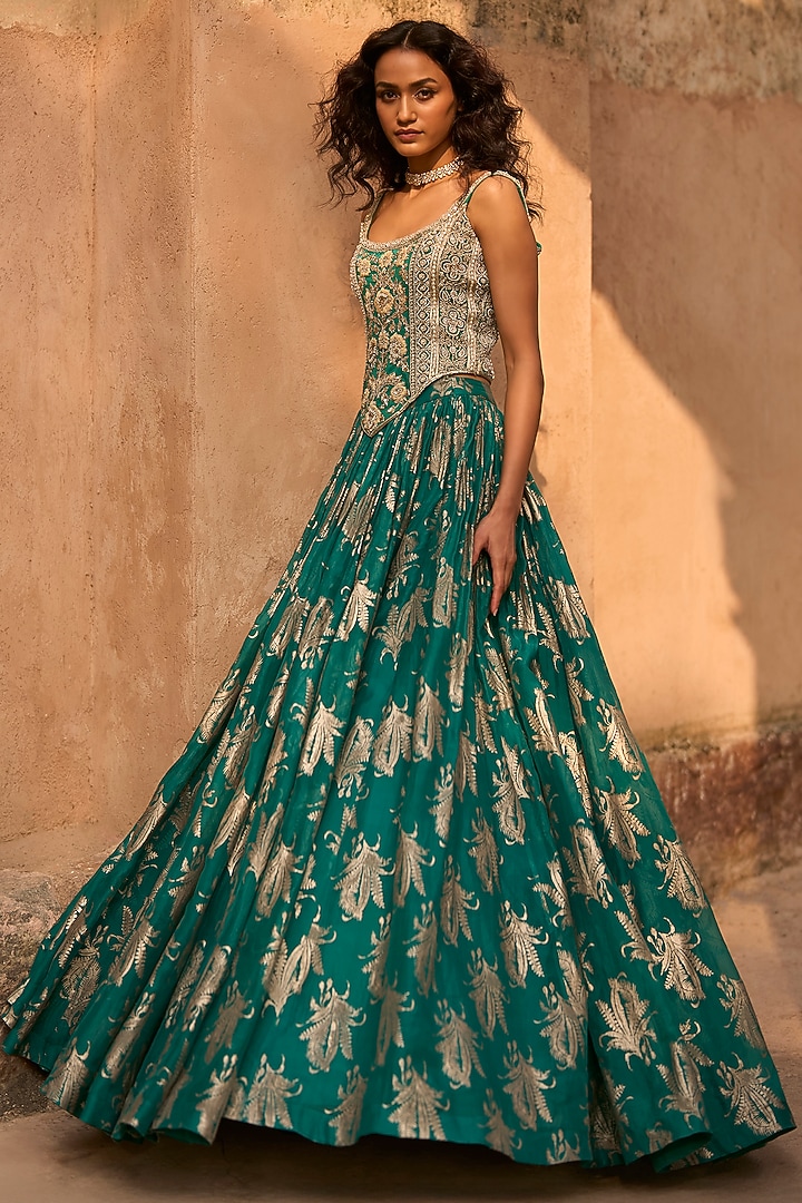 Teal Green Organza Floral Printed Skirt Set by Bhumika Sharma at Pernia's Pop Up Shop