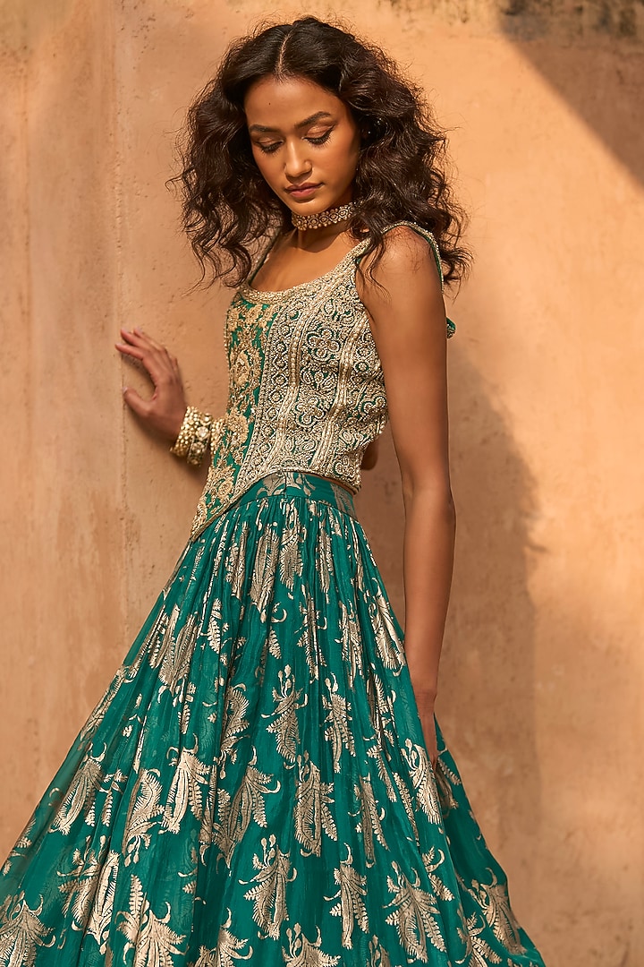 Teal Green Organza Floral Printed Skirt Set by Bhumika Sharma at Pernia's Pop Up Shop