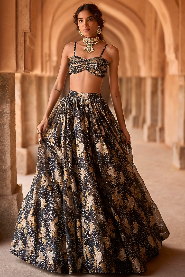 Black Organza Floral Printed Skirt Set by Bhumika Sharma at Pernia's Pop Up Shop