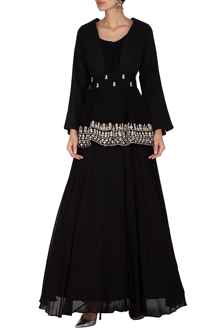 Black Embroidered Wedding Anarkali With Jacket & Belt by Bhumika Sharma at Pernia's Pop Up Shop