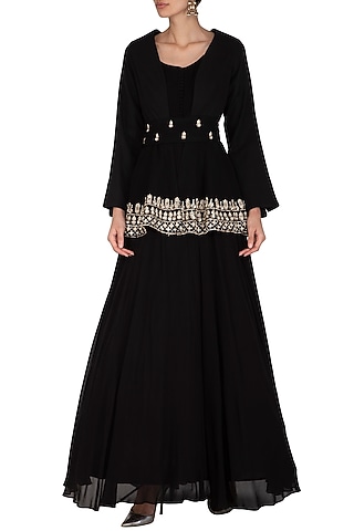 Black Embroidered Anarkali With Jacket & Belt by Bhumika Sharma