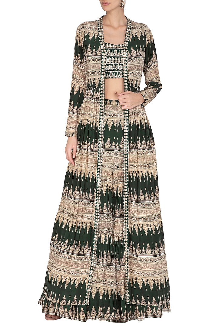 Bottle Green Embroidered Crop Top With Wedding Sharara Pants & Printed Cape by Bhumika Sharma at Pernia's Pop Up Shop